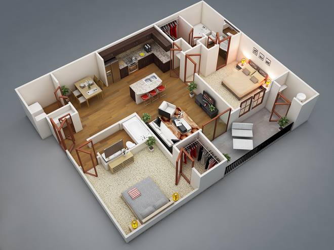 Thiết kế nội thất chung cư 70m2 có 2 phòng ngủ hiện đại