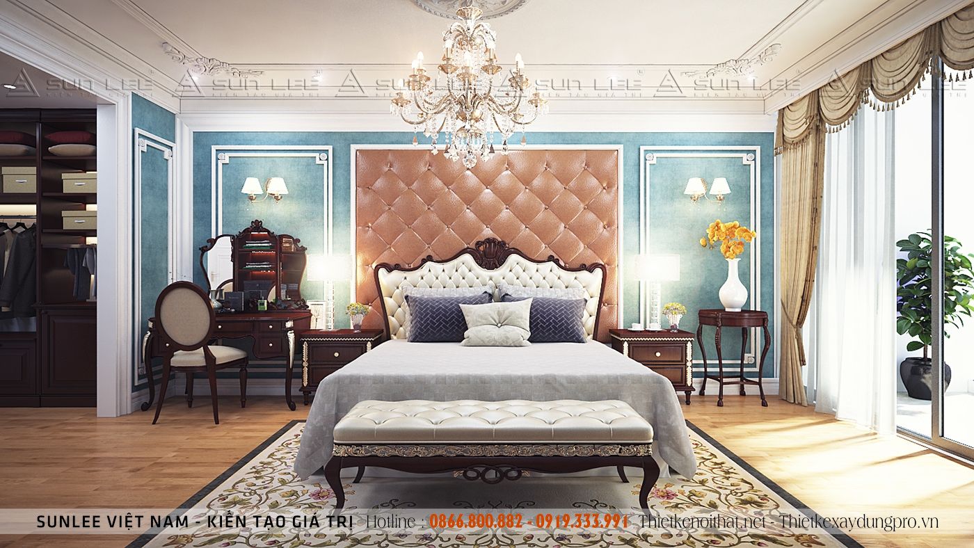 thiet-ke-noi-that-chung-cu-160m2_2 Giường ngủ là tâm điểm của căn phòng được làm bằng gỗ tự nhiên