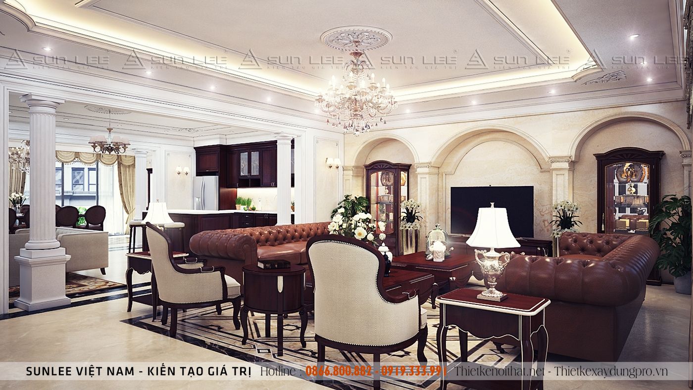 thiet-ke-noi-that-chung-cu-160m2_5 Phòng khách thu hút ánh nhìn bởi những đường vòm cong bán nguyệt được ốp đá cao cấp