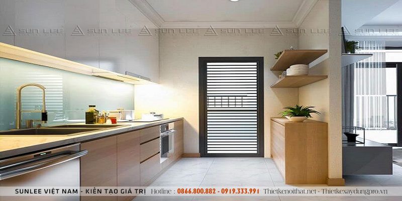 thiet-ke-noi-that-chung-cu-160m2_9 Khu vực bếp sử dụng hệ tủ bếp trên cao đến trần