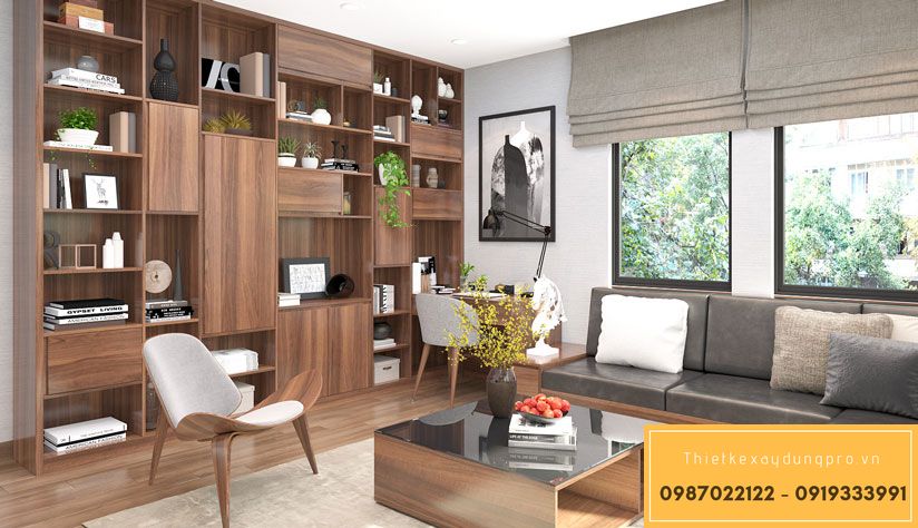 thiet-ke-phong-khach-30m2_17 Vậy liệu gỗ cho kệ để đồ tiện lợi