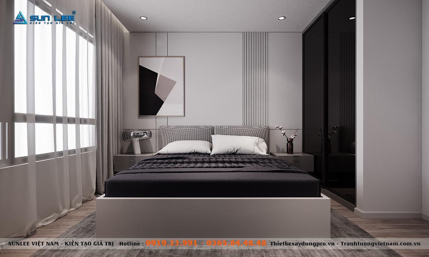 Phòng ngủ master được bố trí với vật dụng cơ bản là giường và tủ
