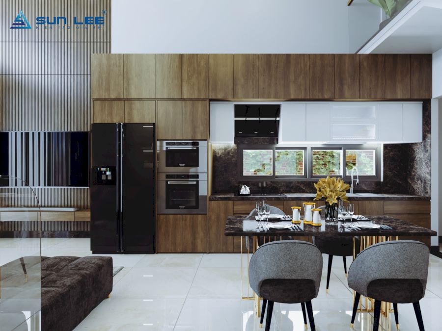 Phòng bếp rộng rãi thiết kế liên thông tinh tế