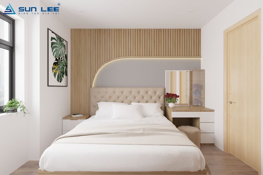 Phòng ngủ được thiết kế ấn tượng với chi tiết mềm mại nhẹ nhàng