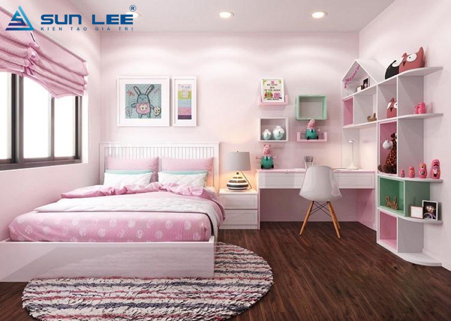 Thiết kế phòng ngủ với tông màu hồng dịu dàng dành cho bé gái