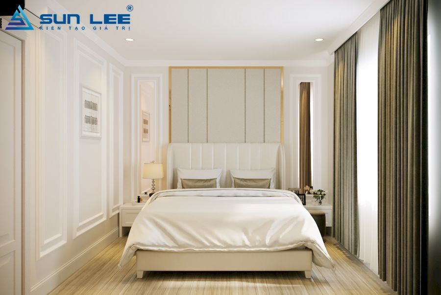 Phòng ngủ master được thiết kế theo phong cách tối giản